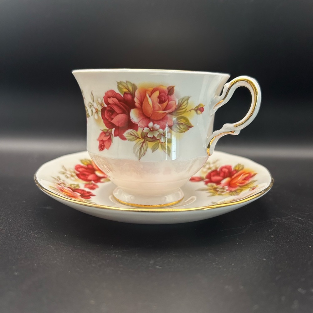 Vintage Queen Anne Floral Teacup and Saucer Set - Peach Roses and Gold
